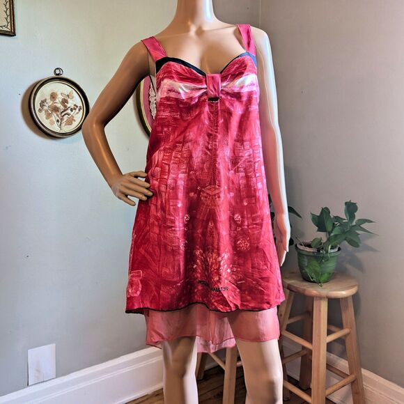 Vintage Launch by Susan Young Halston Print Mini Dress Silk Bow Pink Coquette L - Picture 10 of 16